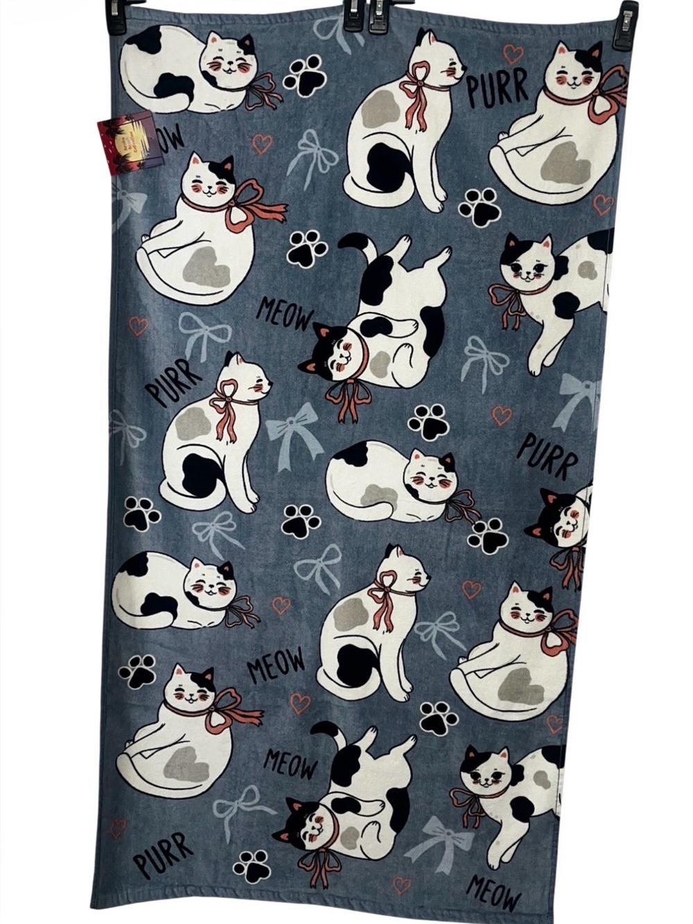 Cat Print Beach Towel Blue with White & Black Cats